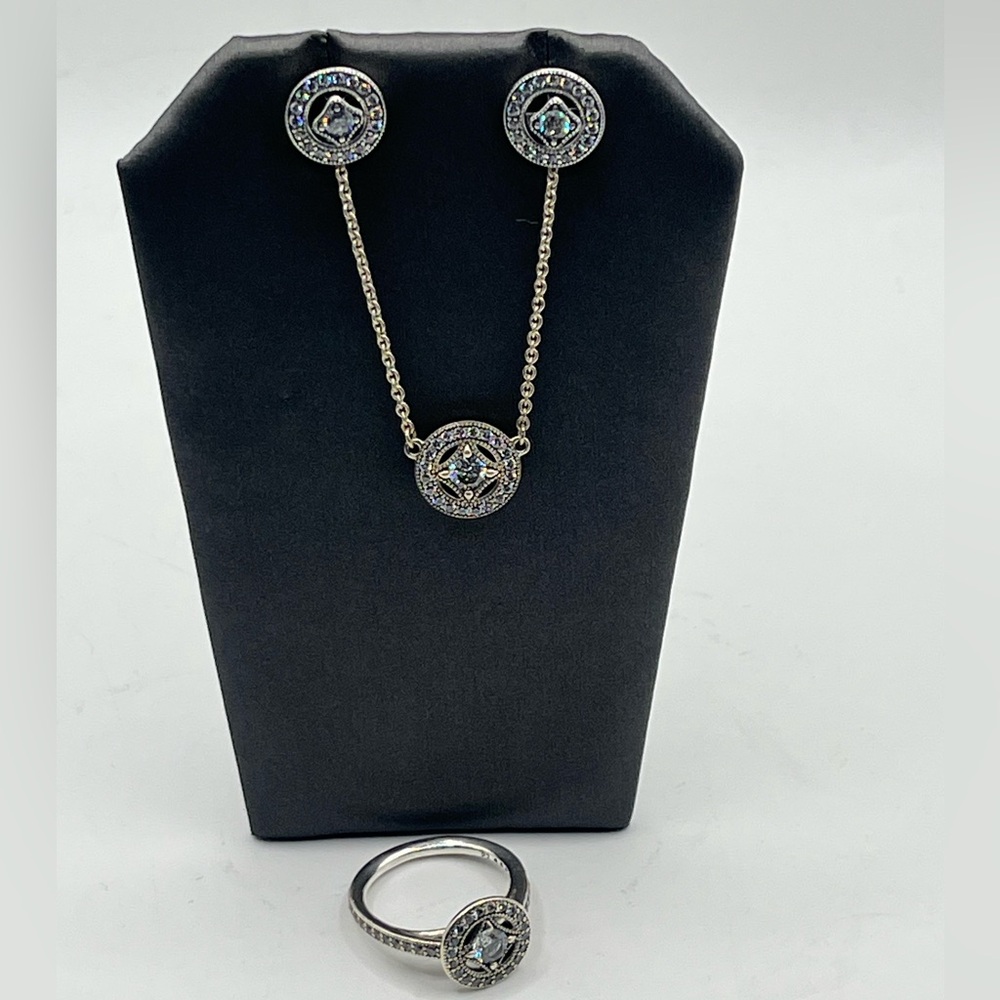 Pandora Sterling Jewelry Suite. Earrings, Necklace and Ring. Cz. - Picture 3 of 9